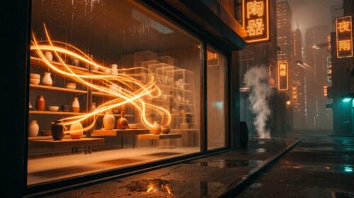 Shopify Canvas concept: ribbons of orange light rearrange a small ceramics shop's display at night, with faint ghost copies of its earlier layouts behind, like version history