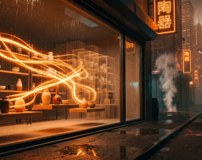 Shopify Canvas concept: ribbons of orange light rearrange a small ceramics shop's display at night, with faint ghost copies of its earlier layouts behind, like version history