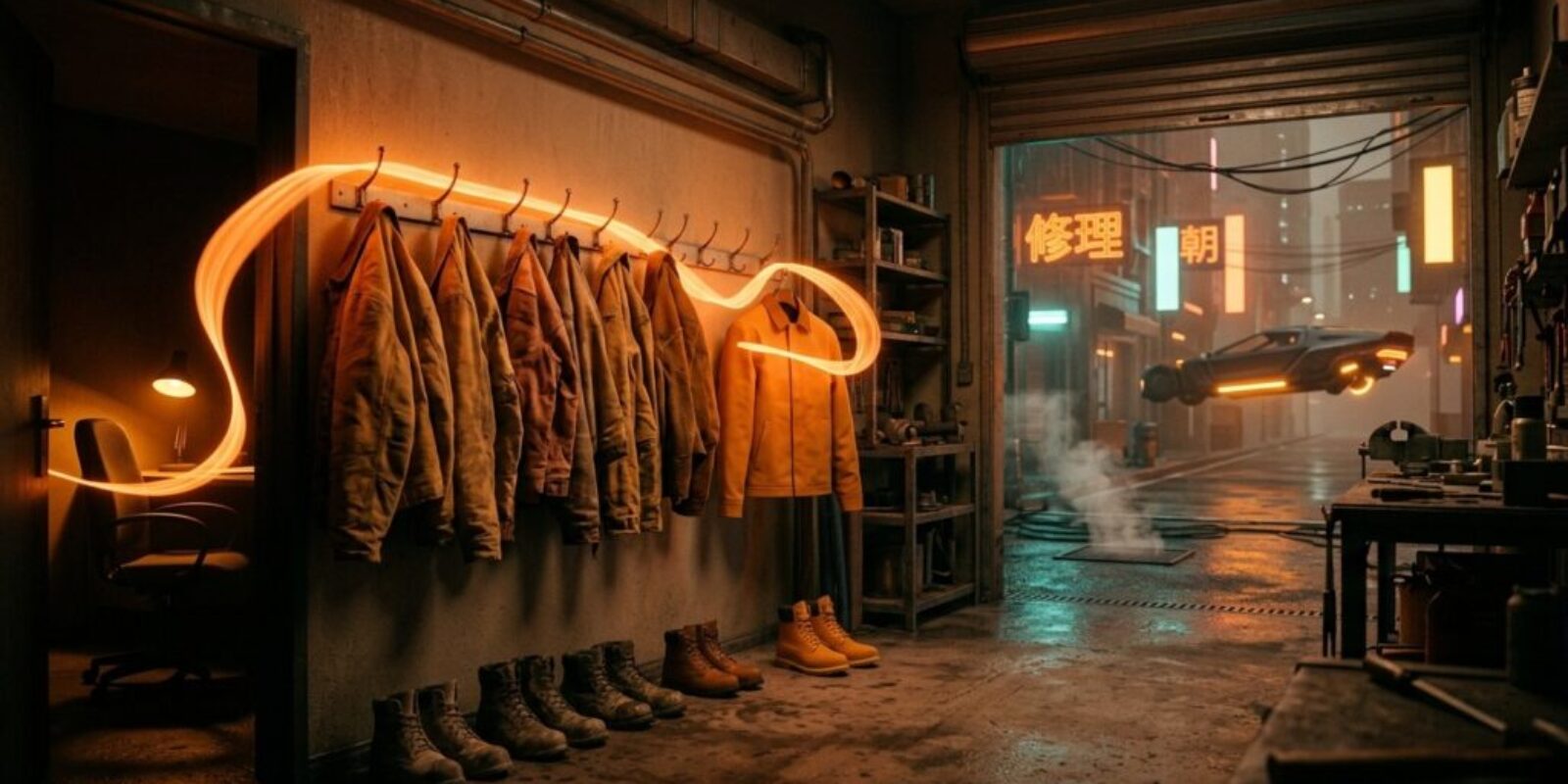 A ribbon of orange light flows from a small shop's back office to a brand-new work jacket hanging beside a row of worn ones, as small businesses using AI hire more staff