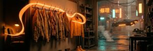 A ribbon of orange light flows from a small shop's back office to a brand-new work jacket hanging beside a row of worn ones, as small businesses using AI hire more staff