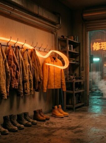 A ribbon of orange light flows from a small shop's back office to a brand-new work jacket hanging beside a row of worn ones, as small businesses using AI hire more staff