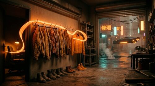 A ribbon of orange light flows from a small shop's back office to a brand-new work jacket hanging beside a row of worn ones, as small businesses using AI hire more staff