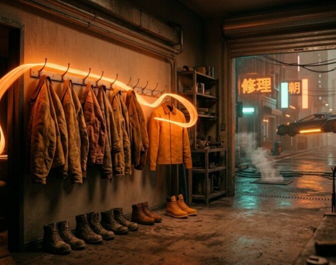 A ribbon of orange light flows from a small shop's back office to a brand-new work jacket hanging beside a row of worn ones, as small businesses using AI hire more staff