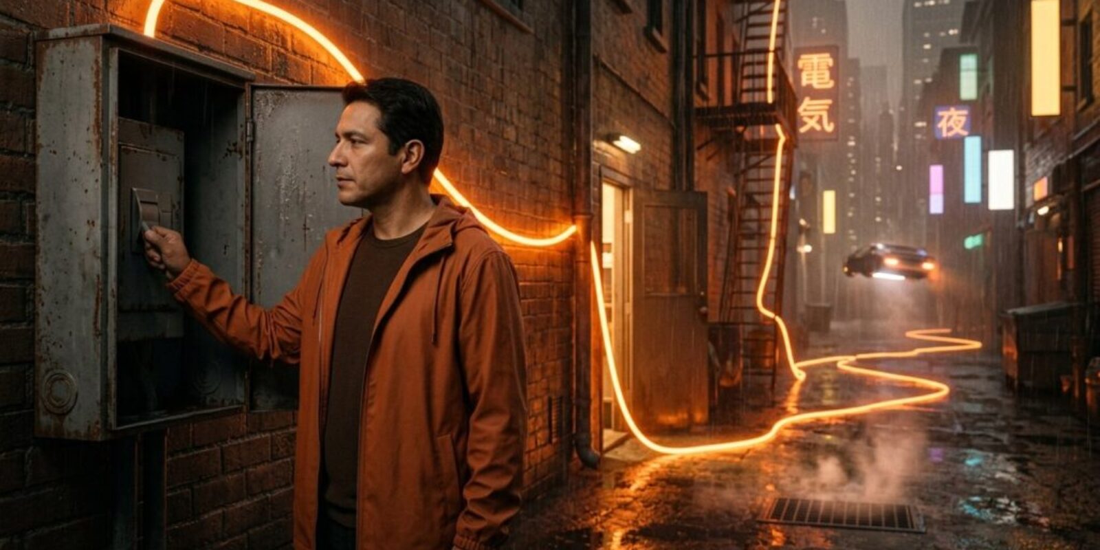 A small business owner rests his hand on the main switch of a service box in a rainy neon alley as a ribbon of orange light tapped off his line runs away into the city