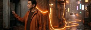 A small business owner rests his hand on the main switch of a service box in a rainy neon alley as a ribbon of orange light tapped off his line runs away into the city