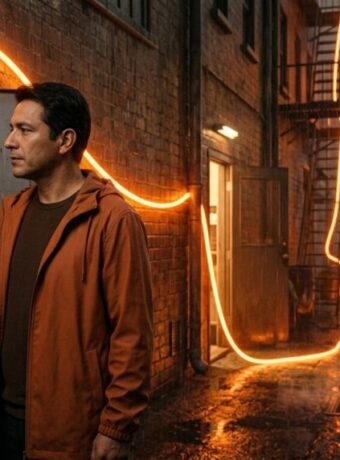 A small business owner rests his hand on the main switch of a service box in a rainy neon alley as a ribbon of orange light tapped off his line runs away into the city