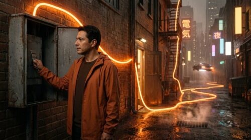 A small business owner rests his hand on the main switch of a service box in a rainy neon alley as a ribbon of orange light tapped off his line runs away into the city