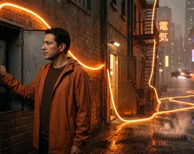A small business owner rests his hand on the main switch of a service box in a rainy neon alley as a ribbon of orange light tapped off his line runs away into the city