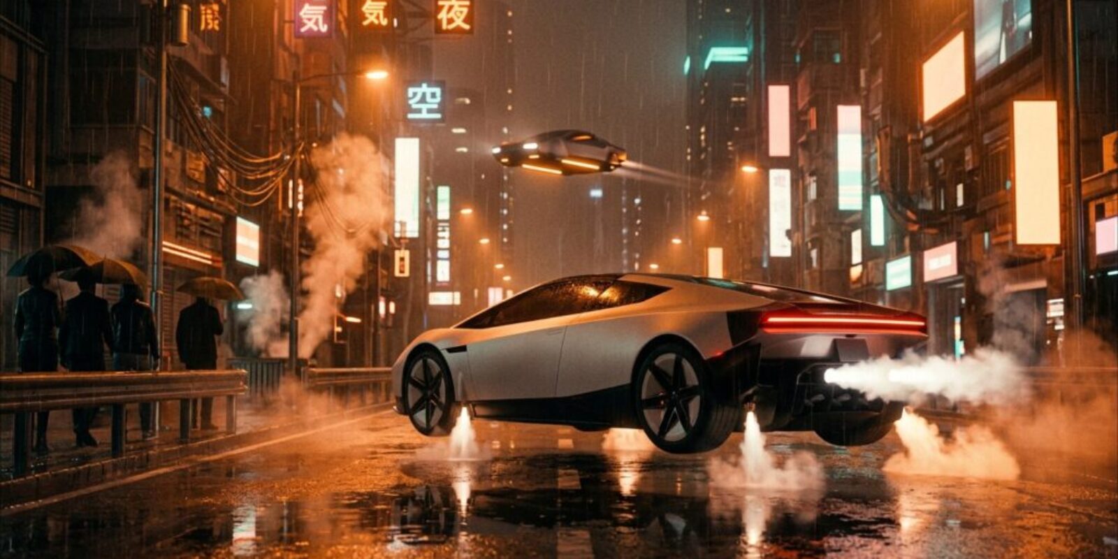 The new Tesla Roadster hovers just above a rain-soaked neon street on downward jets of white cold gas while a true flying car cruises between the towers above