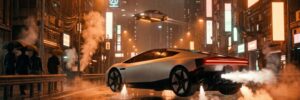 The new Tesla Roadster hovers just above a rain-soaked neon street on downward jets of white cold gas while a true flying car cruises between the towers above