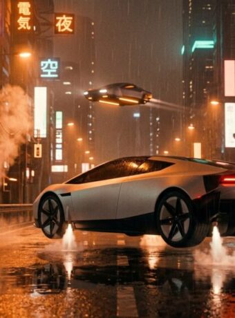 The new Tesla Roadster hovers just above a rain-soaked neon street on downward jets of white cold gas while a true flying car cruises between the towers above