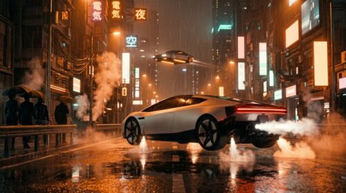 The new Tesla Roadster hovers just above a rain-soaked neon street on downward jets of white cold gas while a true flying car cruises between the towers above