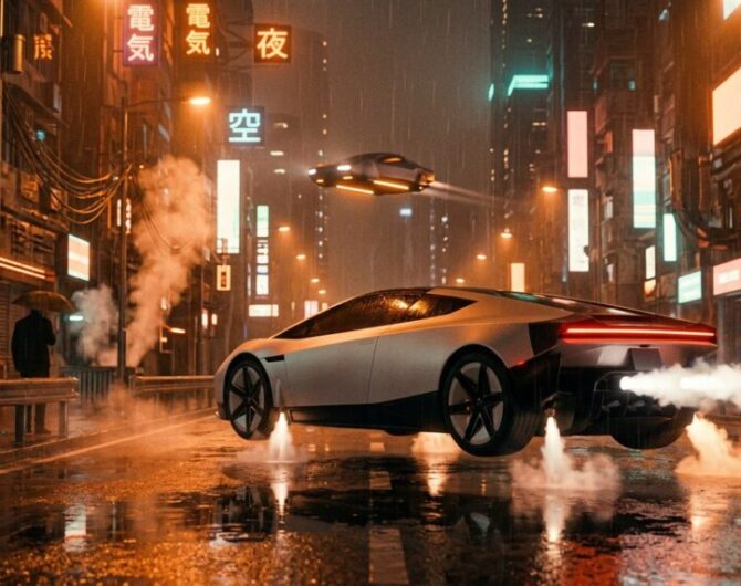 The new Tesla Roadster hovers just above a rain-soaked neon street on downward jets of white cold gas while a true flying car cruises between the towers above